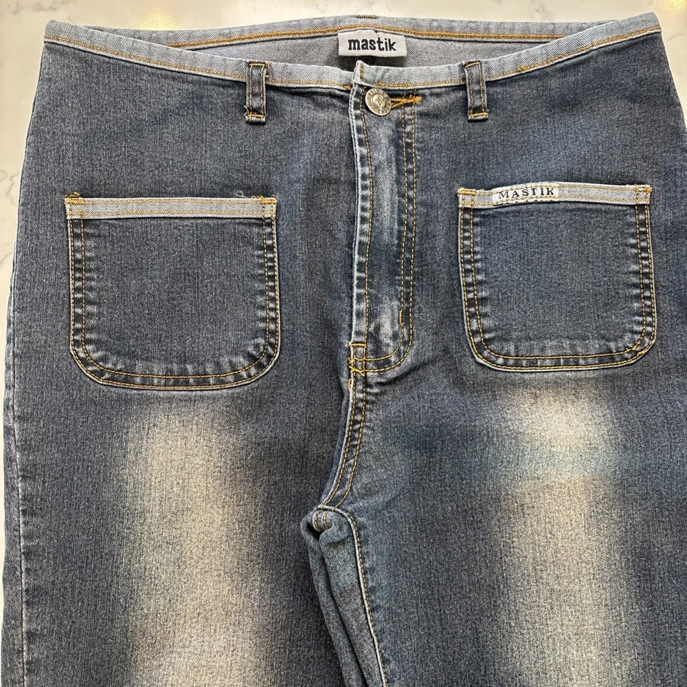 VTG Mastik 90s‎ Y2K Low Rise Flare Jeans Unique Waist Boho Hipster Womens Sz 30